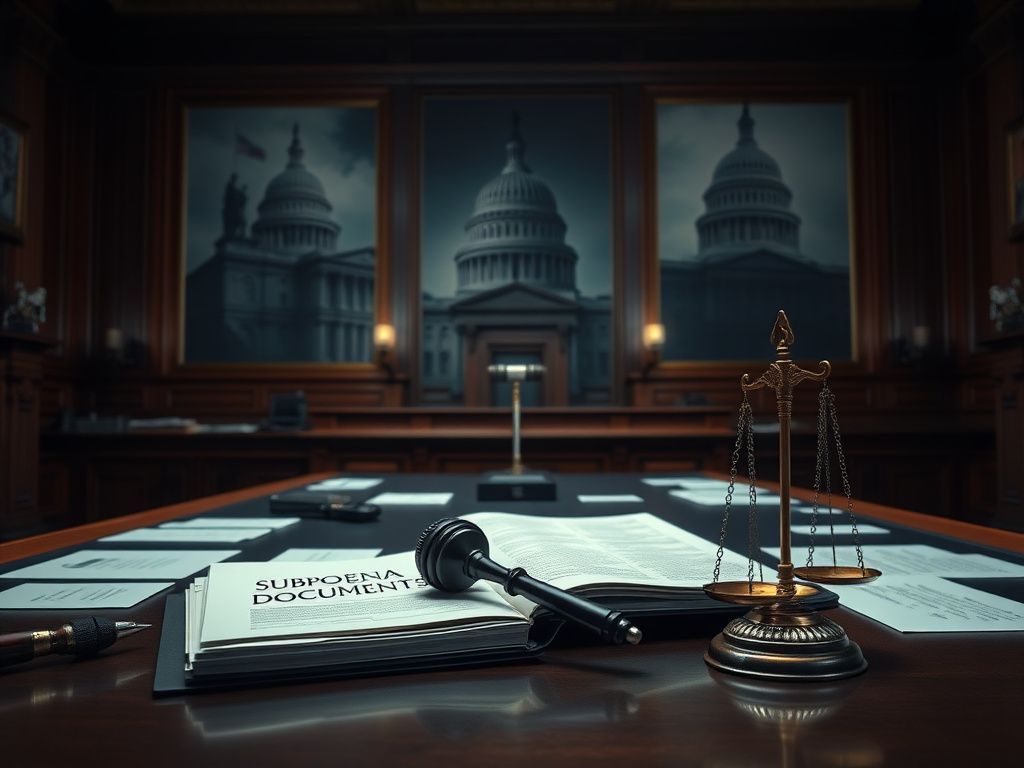 Flick International Dimly lit congressional hearing room with a large wooden table and documents related to Epstein investigation