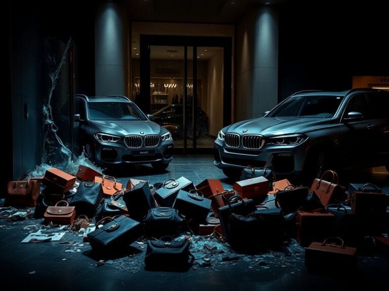 Flick International Dimly lit luxury handbag store displaying scattered Chanel and Hermès bags after burglary