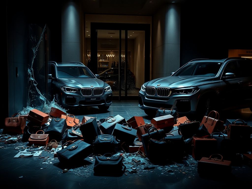 Flick International Dimly lit luxury handbag store displaying scattered Chanel and Hermès bags after burglary