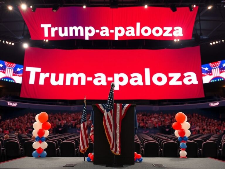 Flick International A vibrant banner at the Republican convention with an empty podium draped in an American flag.