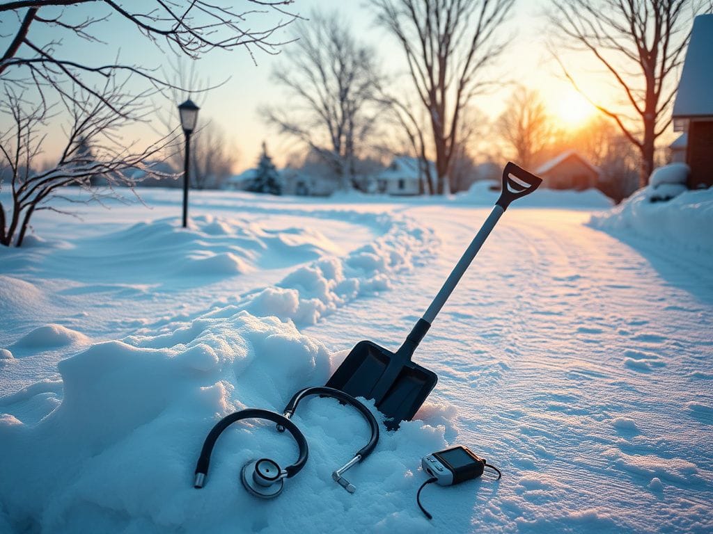 Flick International A tranquil winter landscape with a shovel against a snowbank, symbolizing heart health risks of snow shoveling