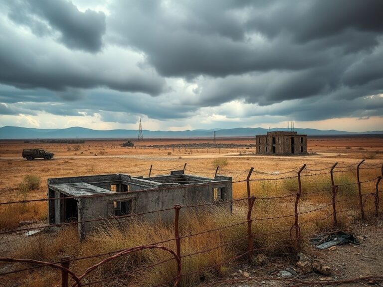 Flick International A desolate landscape of crumbling detention facilities in northeastern Syria under an ominous sky