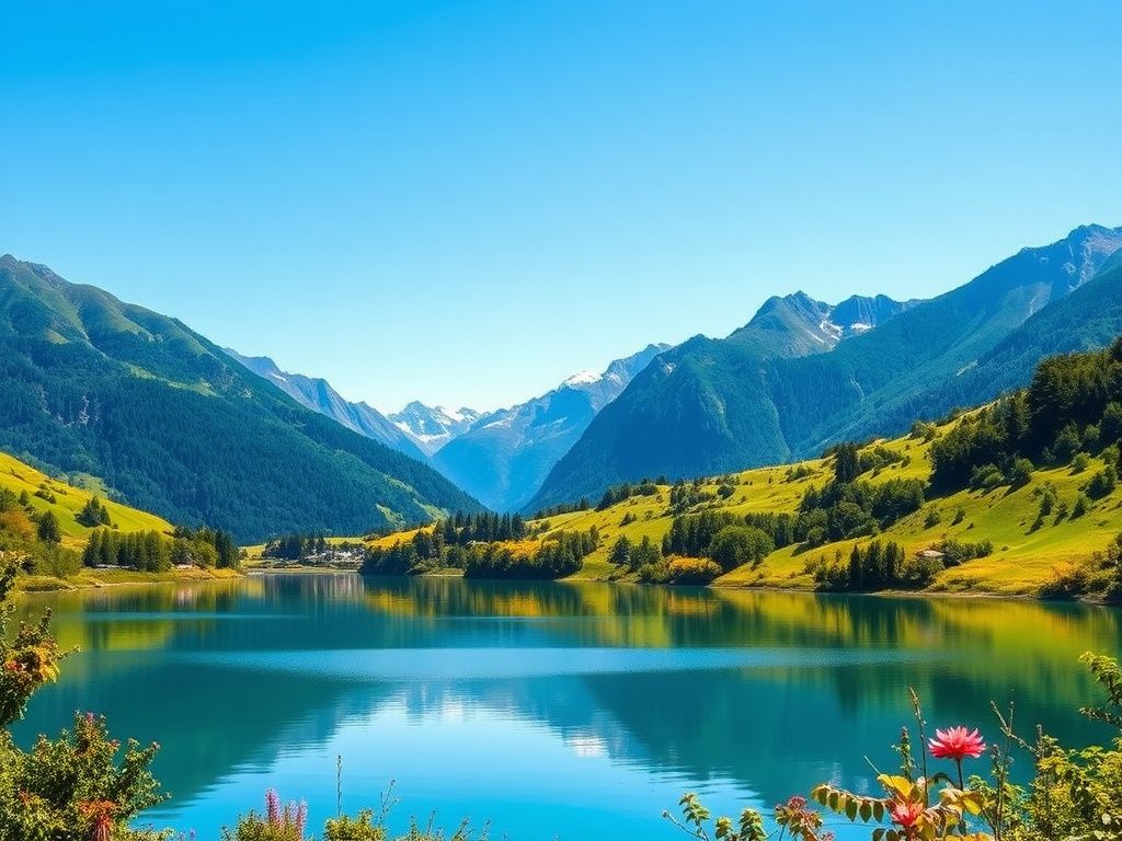 Flick International Panoramic landscape of New Zealand's lush green hills and serene lake reflecting majestic mountains