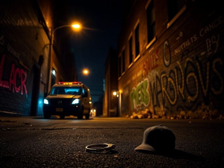 Flick International Dark alley in Hartford illuminated by streetlights with an empty handcuff and personal item hinting at a chaotic arrest