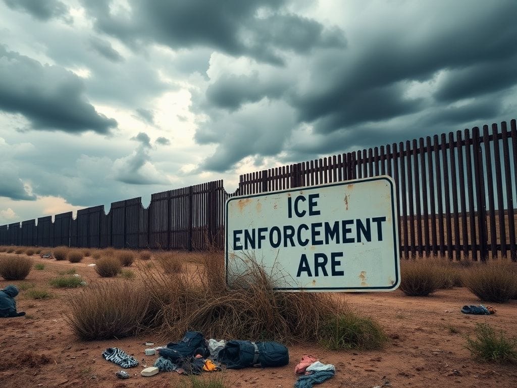 Flick International A weathered sign marking an ICE Enforcement Area surrounded by overgrown weeds