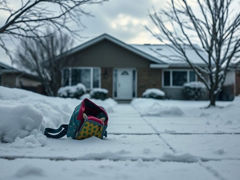 Flick International A child's colorful backpack left abandoned on a snowy sidewalk, symbolizing neglect and family separation.
