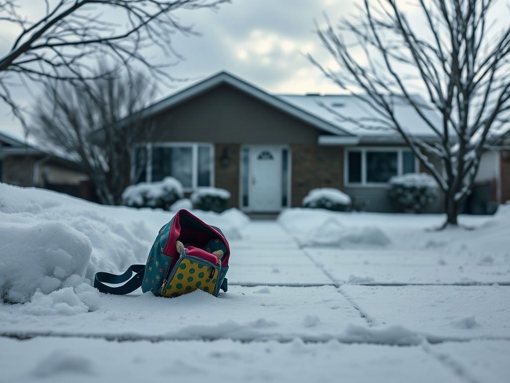 Flick International A child's colorful backpack left abandoned on a snowy sidewalk, symbolizing neglect and family separation.