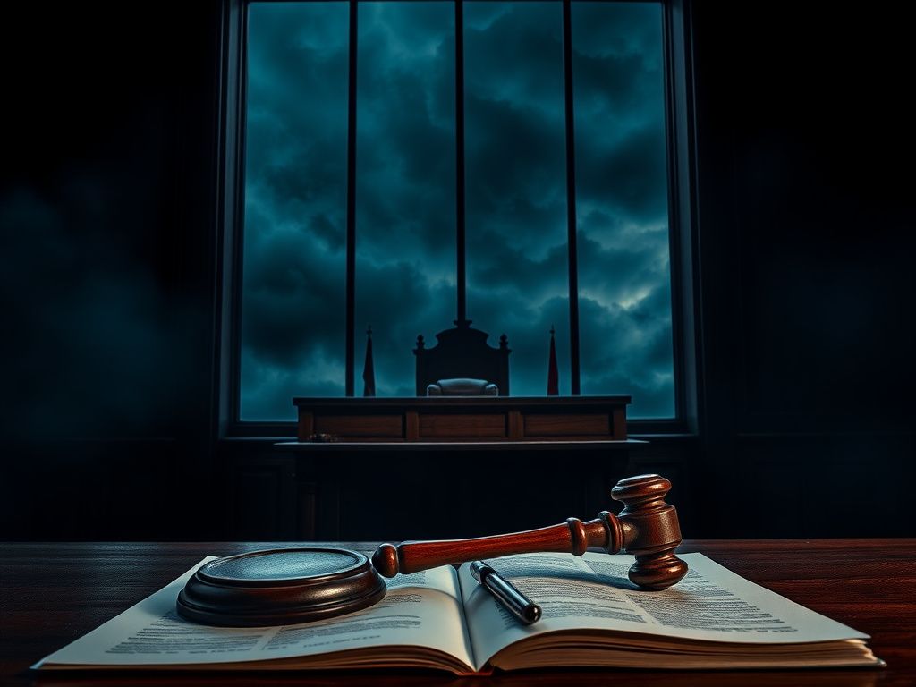 Flick International Dramatic courtroom scene with gavel and legal documents