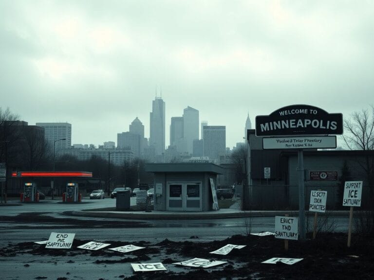 Flick International Urban landscape of Minneapolis with a prominent skyline under gray skies