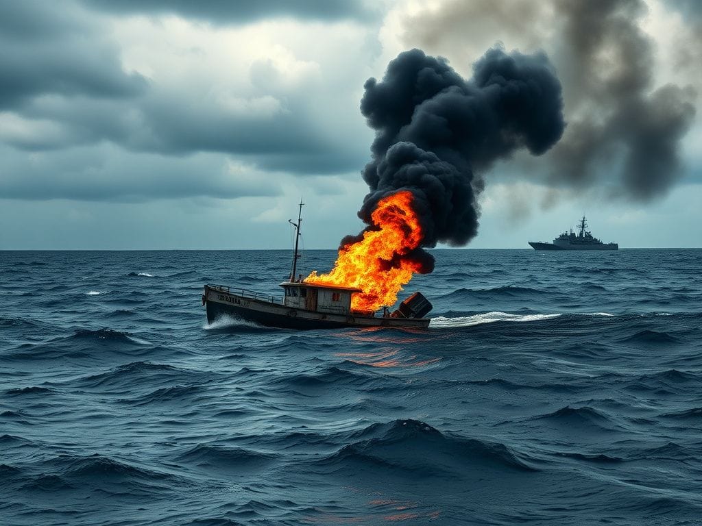 Flick International Small vessel partially engulfed in flames in the Eastern Pacific Ocean during military operation