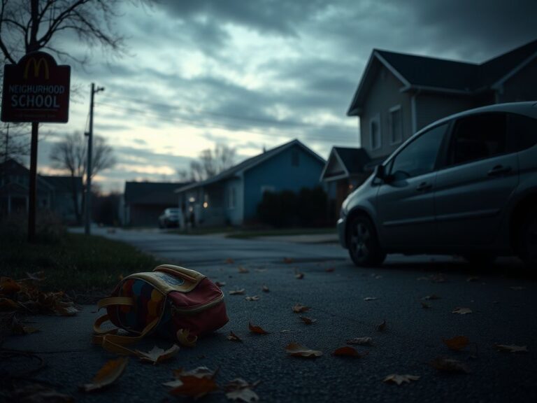 Flick International Abandoned colorful children's backpack on a deserted suburban street in Minnesota