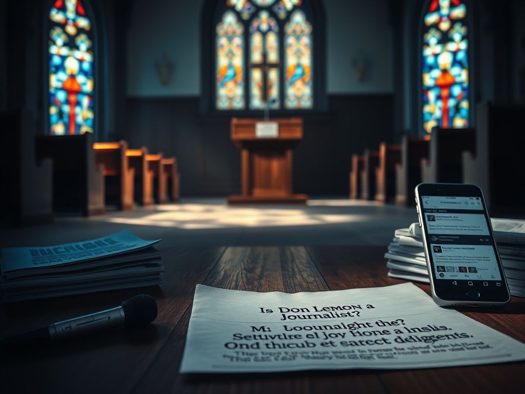 Flick International Dimly lit church interior with wooden pews and stained glass windows showcasing a piece of paper questioning Don Lemon's journalistic status