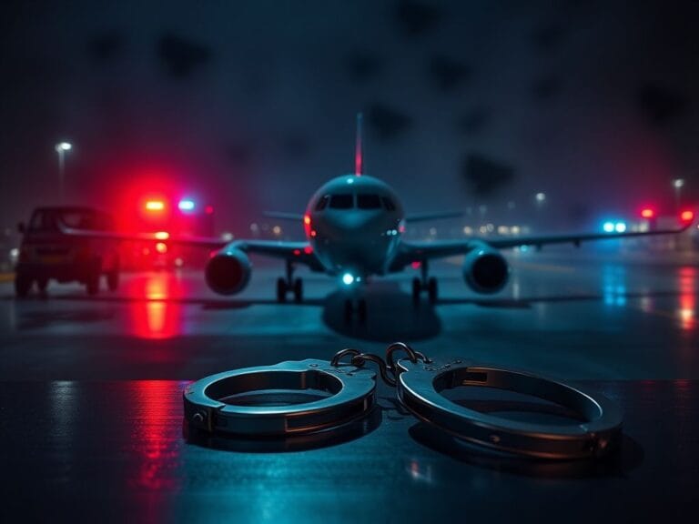 Flick International Airport scene at night with police lights and handcuffs symbolizing law enforcement