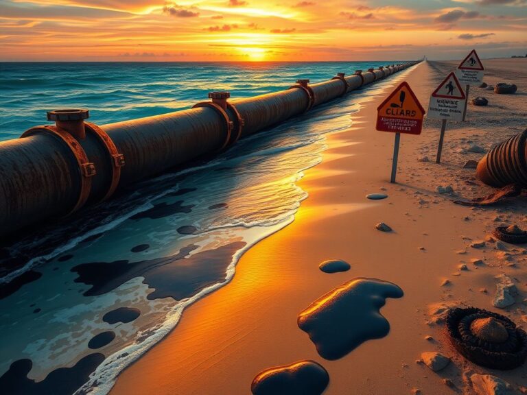 Flick International rusting oil pipeline along the California shoreline with oil slicks on the beach