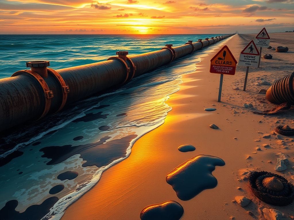 Flick International rusting oil pipeline along the California shoreline with oil slicks on the beach