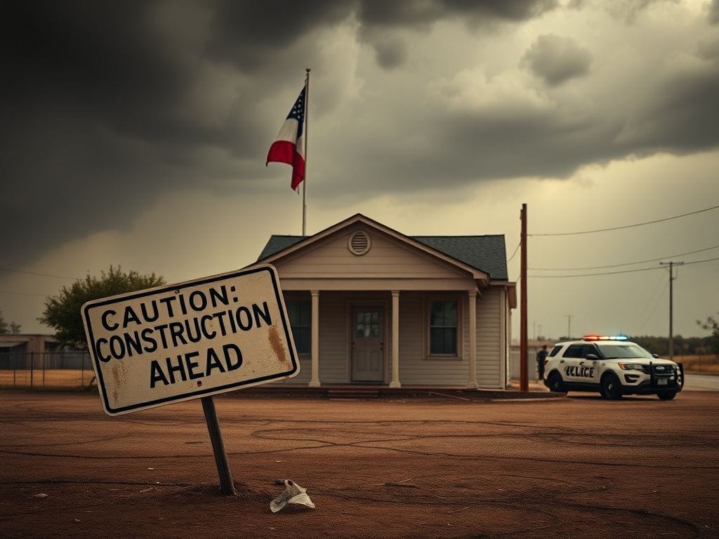 Flick International Emblematic scene of a Texas border town courthouse reflecting political tension