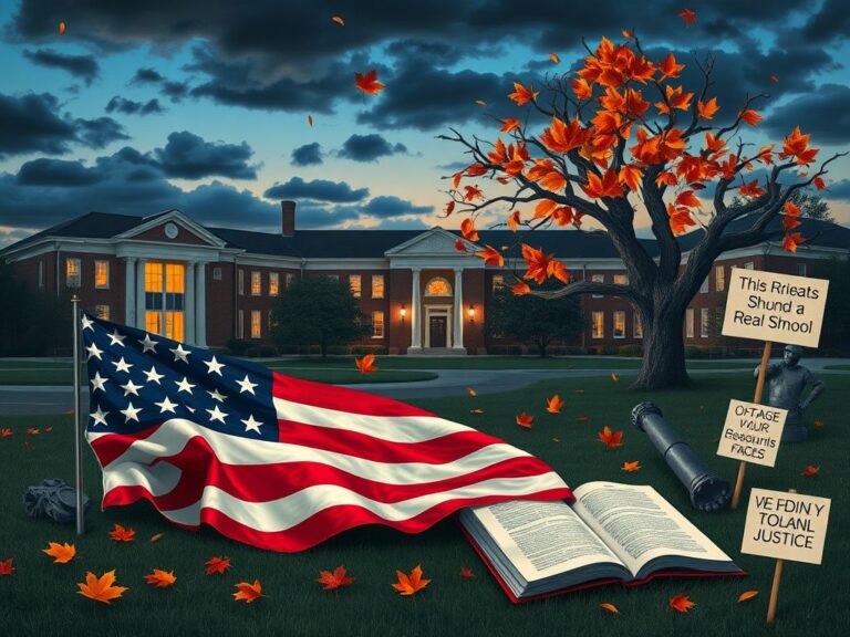 Flick International A collage-style image depicting a university campus at dusk with a crumpled American flag and disarrayed classroom.