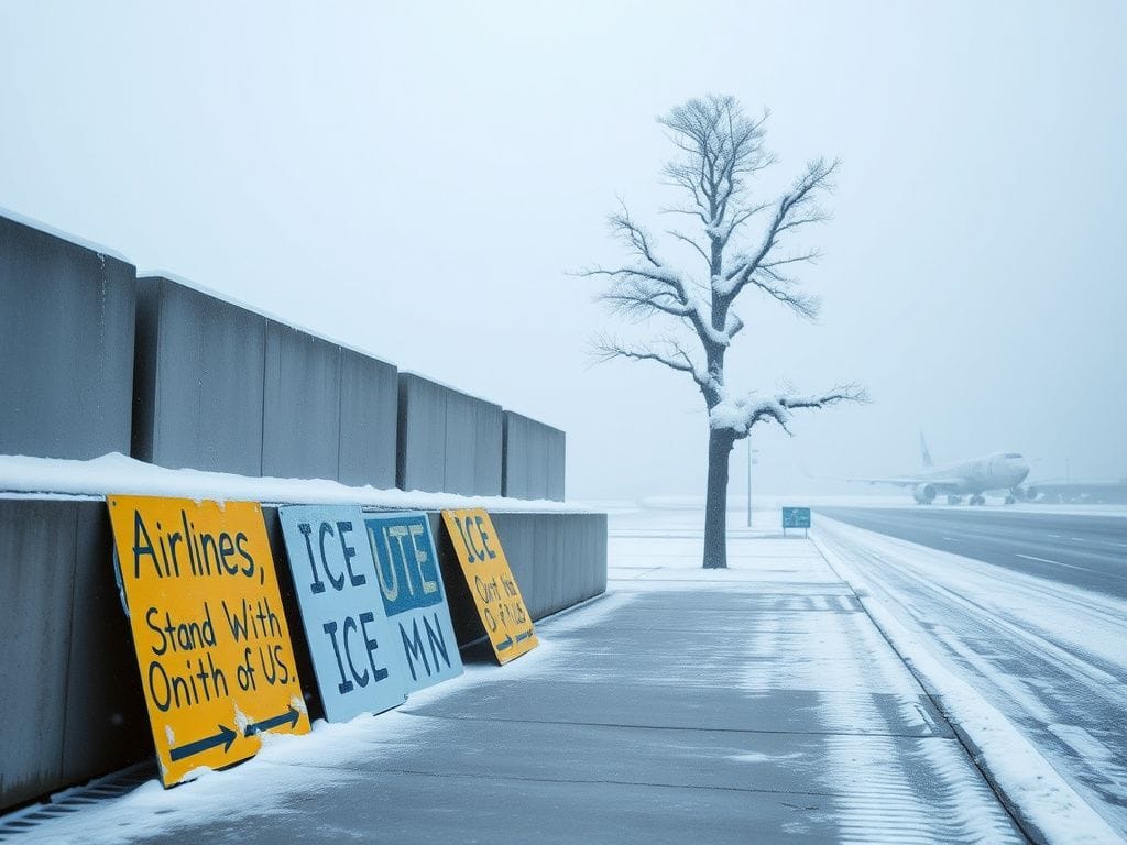 Flick International Empty protest signs against a concrete wall at Minneapolis airport during a cold winter protest