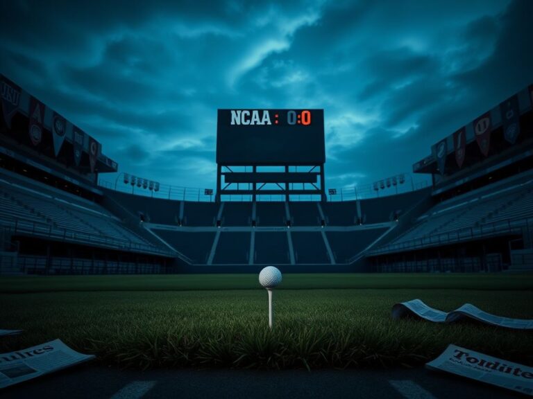 Flick International Empty college sports stadium under a moody twilight sky with a golf tee and ball in the foreground.