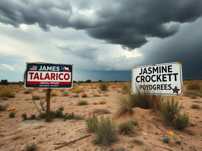 Flick International A weathered campaign sign for James Talarico surrounded by wildflowers in a divided Texas landscape