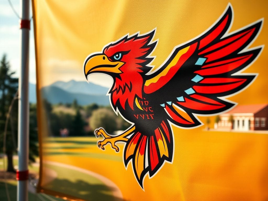 Flick International Close-up of a vibrant school mascot banner featuring a stylized Thunderbird.
