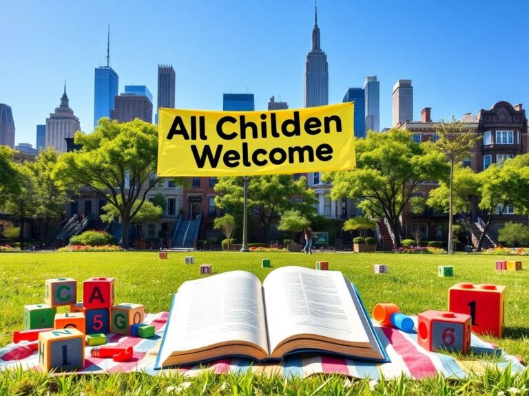 Flick International Vibrant New York City park scene promoting inclusivity and education with diverse toys and materials for children.