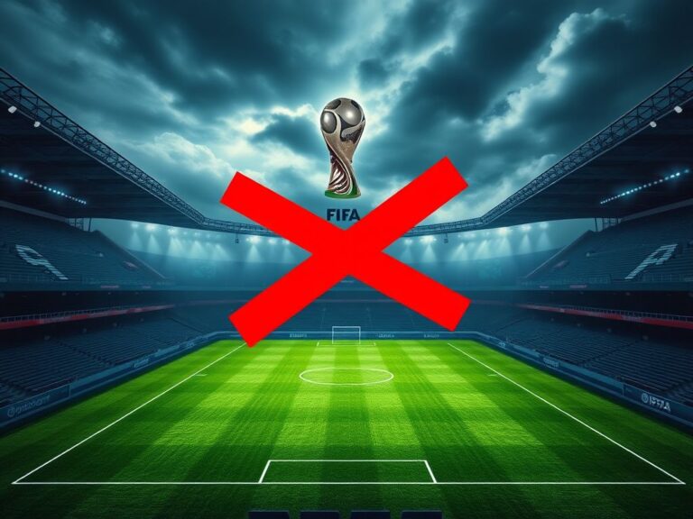 Flick International Protest against the World Cup symbolized by a soccer stadium with empty stands and a red 'X' on the field