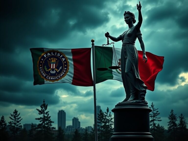 Flick International A powerful image of intertwined FBI and Mexican flags against a stormy sky