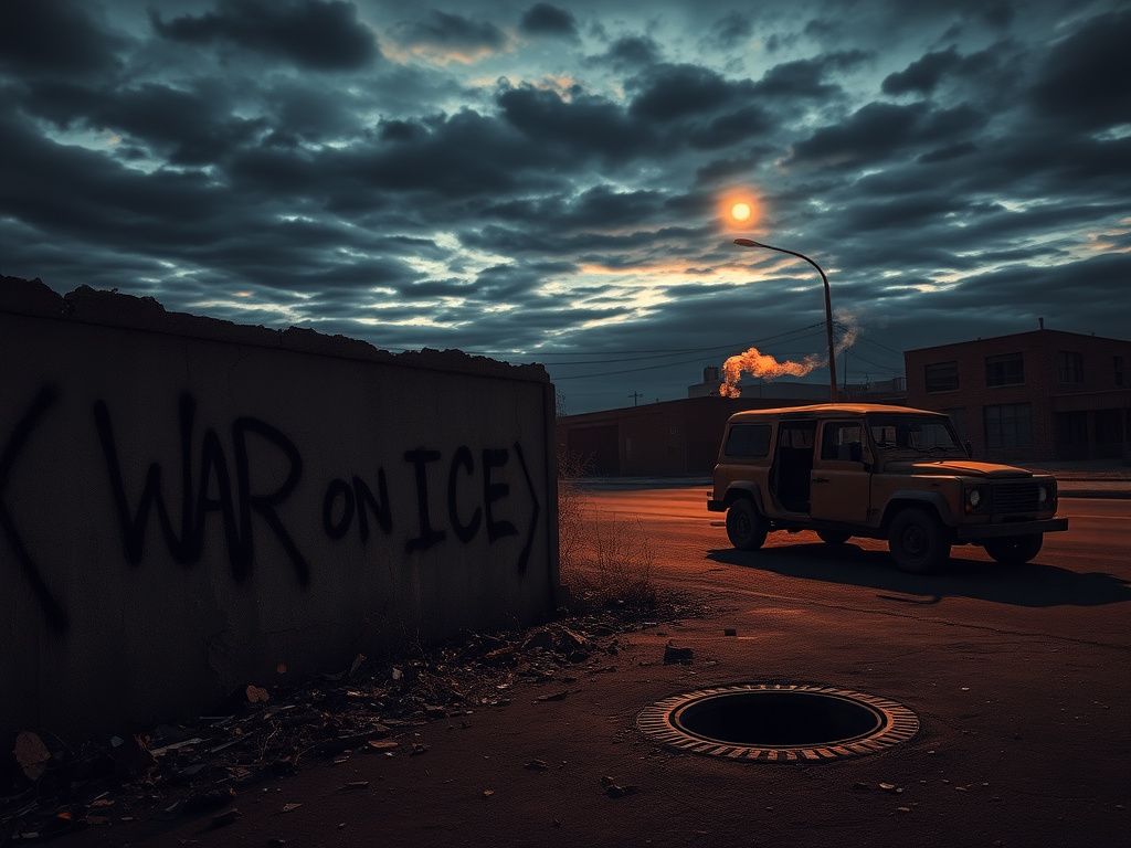 Flick International Shadowy urban scene with graffiti stating 'War on ICE' depicting chaos and unrest