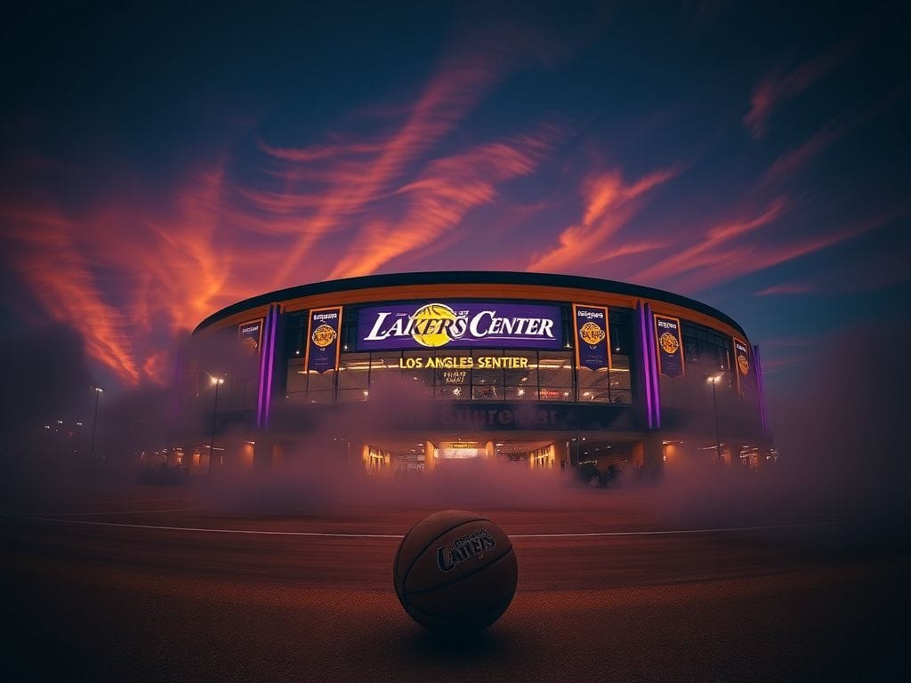 Flick International Panoramic view of the Staples Center illuminated at dusk, showcasing Lakers colors