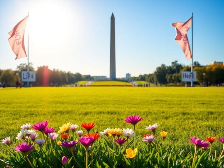 Flick International A serene landscape in Washington, D.C. with vibrant flowers symbolizing life in the foreground and the Washington Monument in the background.