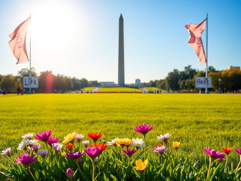 Flick International A serene landscape in Washington, D.C. with vibrant flowers symbolizing life in the foreground and the Washington Monument in the background.