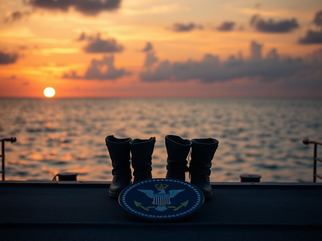 Flick International Navy emblem in the foreground with empty military boots facing the ocean at sunset, symbolizing honor and sacrifice.