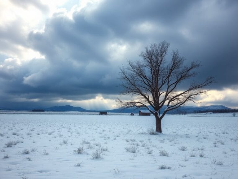 Flick International Vast winter landscape in Texas with snow-covered fields and dark storm clouds