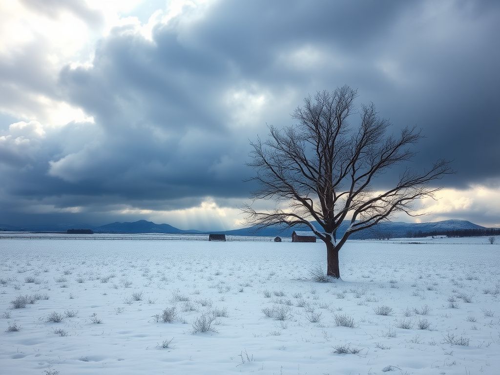 Flick International Vast winter landscape in Texas with snow-covered fields and dark storm clouds