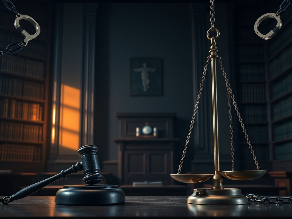 Flick International A somber courtroom scene featuring an empty jury box and a judge's gavel, symbolizing justice and legal weight.