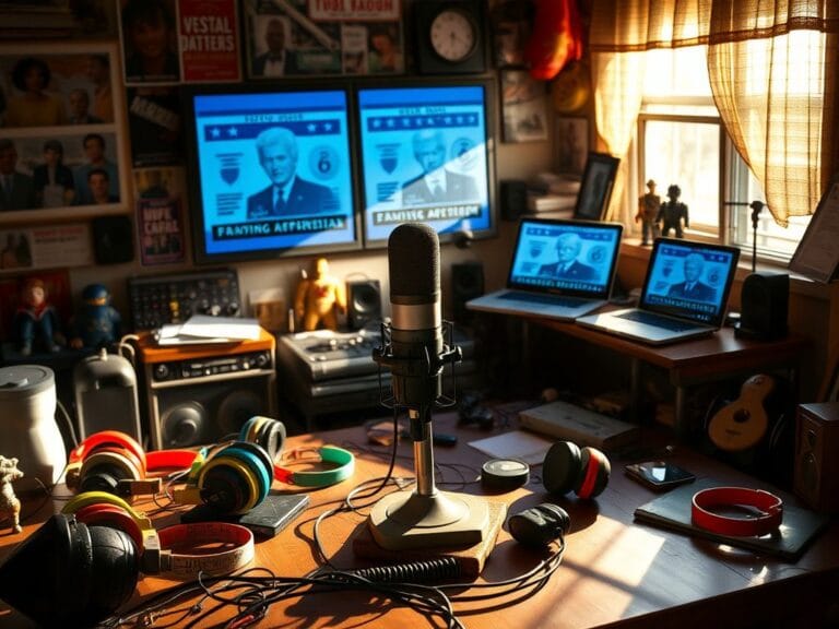 Flick International Dimly lit podcast studio with an old-fashioned microphone and scattered audio equipment