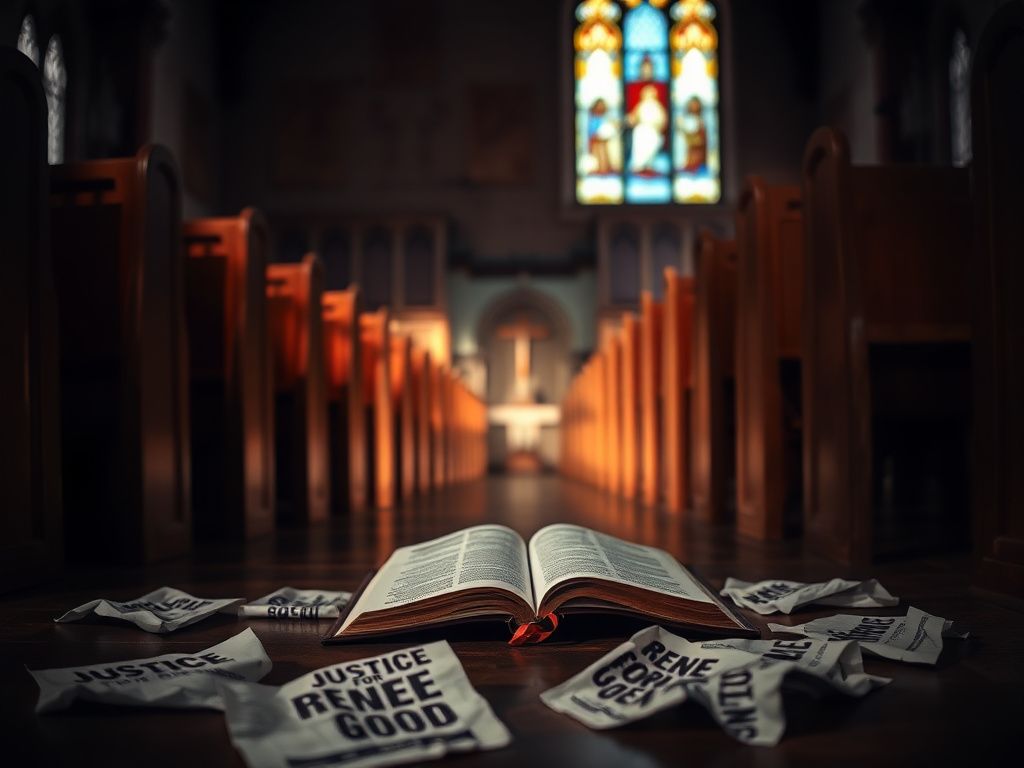 Flick International Dimly lit church interior with empty pews and stained glass reflections