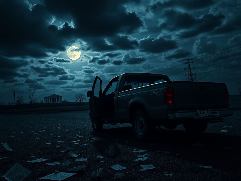 Flick International Dark nighttime scene of Arkansas landscape with a worn-down pickup truck hinting at a tense standoff