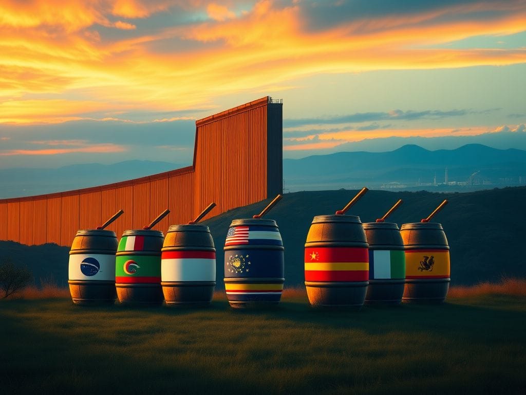 Flick International A dramatic landscape symbolizing bold leadership with a secure border wall and bomb-like tariffs in the foreground