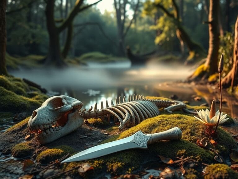 Flick International Well-preserved Stone Age dog skeleton alongside a bone dagger in an ancient bog