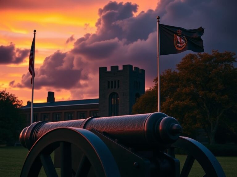 Flick International A dramatic view of the Virginia Military Institute campus at dusk, showcasing its iconic architecture and a weathered cannon in the foreground