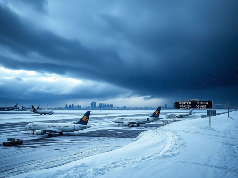 Flick International Snow-covered airport runway during a winter storm with stranded aircraft