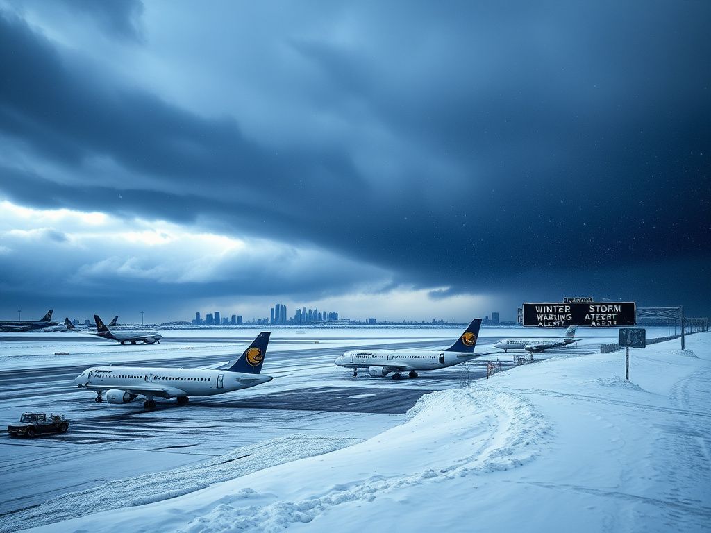 Flick International Snow-covered airport runway during a winter storm with stranded aircraft