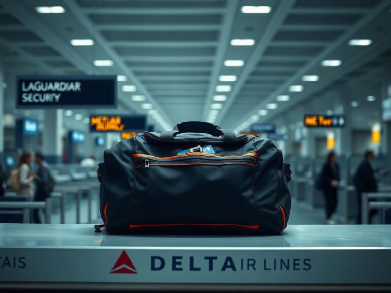 Flick International A Delta Air Lines check-in counter at LaGuardia Airport featuring a large black and orange duffel bag partially unzipped with a locked box inside