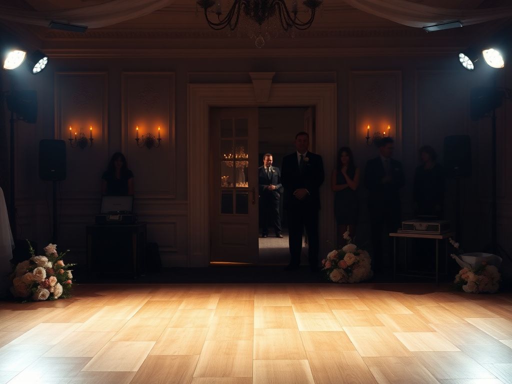 Flick International Dimly lit wedding reception scene with elegant dance floor and floral arrangements