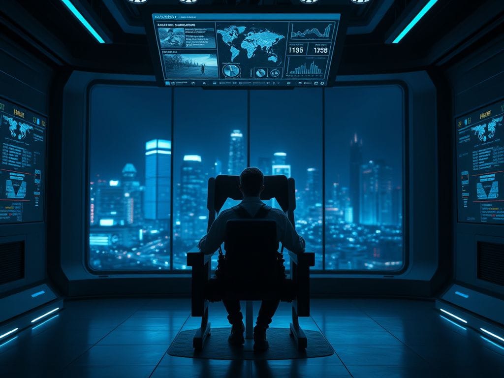 Flick International Dimly lit futuristic interrogation room with high-tech harness for AI judgment