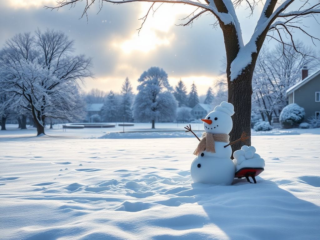 Flick International A snowman surrounded by fresh snow and trees on a winter day