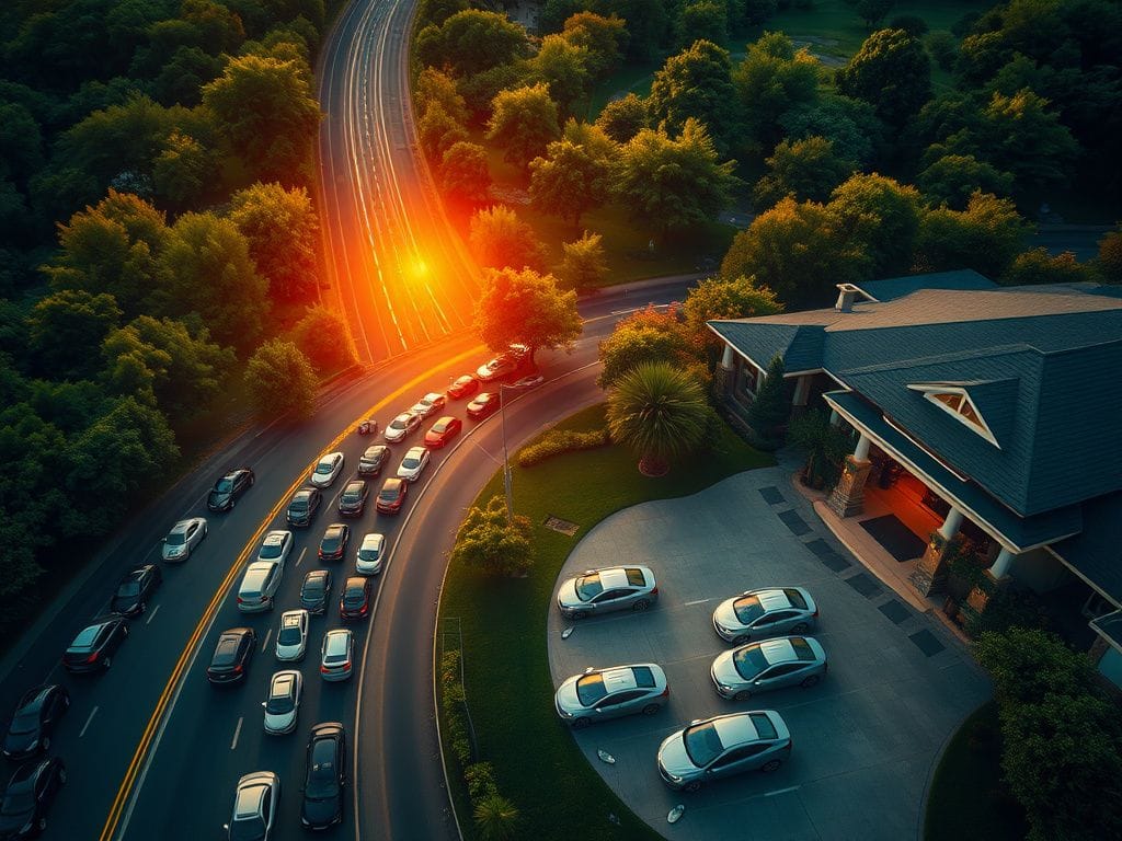 Flick International Aerial view of gas-powered vehicles in traffic contrasted with electric vehicles in a lavish driveway