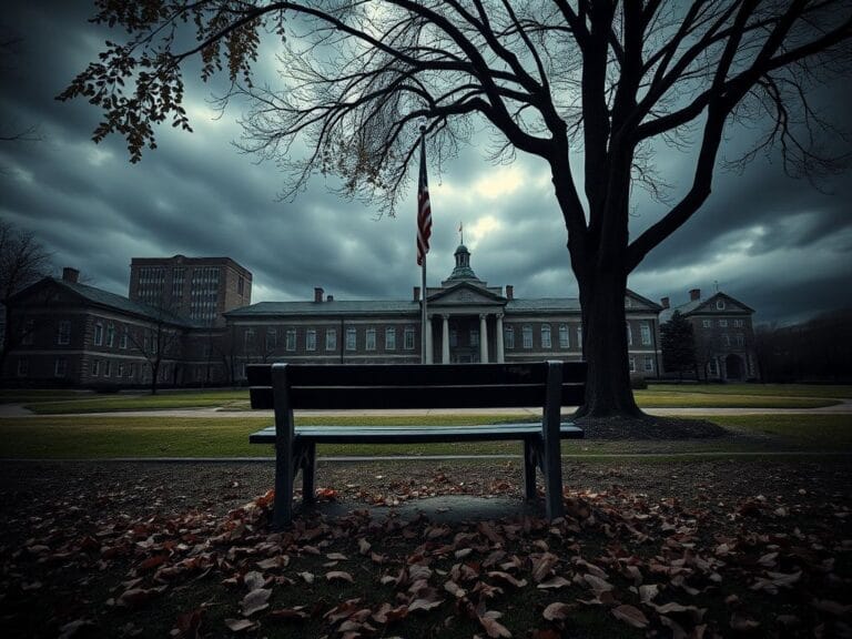 Flick International A dramatic depiction of an empty university courtyard with a tattered American flag amidst fallen leaves and ominous storm clouds
